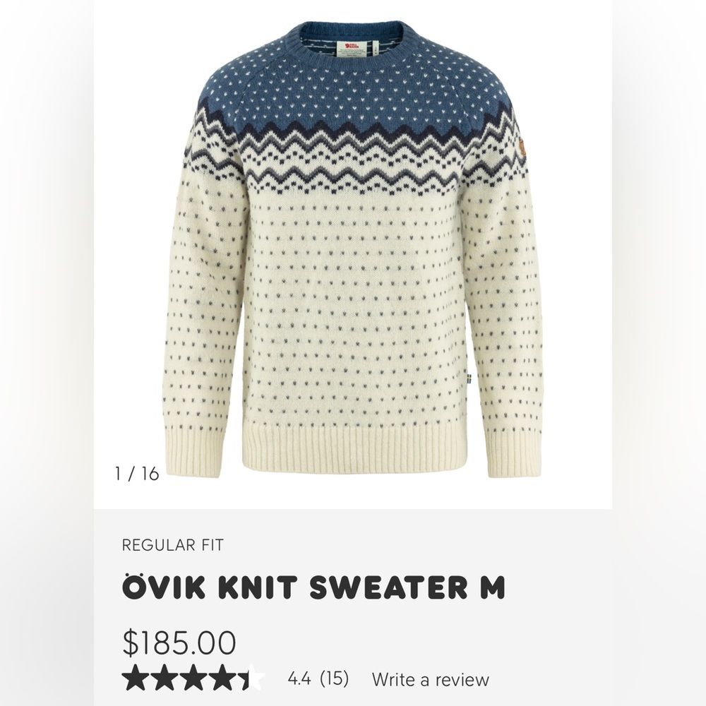 Fjallraven men’s ovik sweater, size small